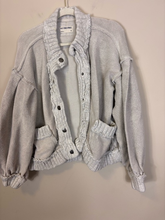 Free People We The Free Light Cream Button-Front Knit Bomber Jacket Medium - Picture 4 of 8